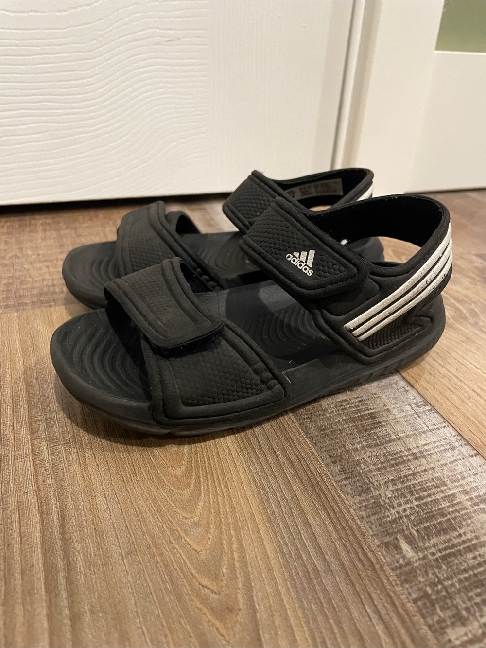 adidas Black Kids' Velcro Sport Sandals with White Stripes 7 toddler